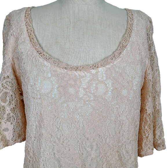 Deletta Anthropologie Top L Beige Embroidered Lace‎ Layered Peplum Blouse - Picture 2 of 8
